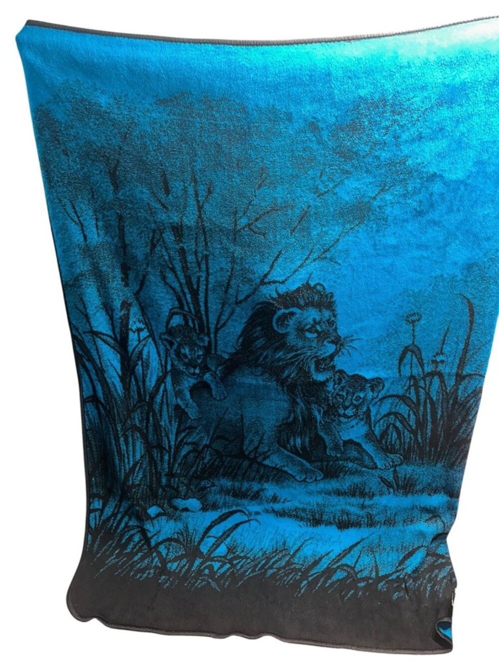 VTG San Marco 66”x87” Twin Blanket Throw Acrylic Lion & Cub Blue Black